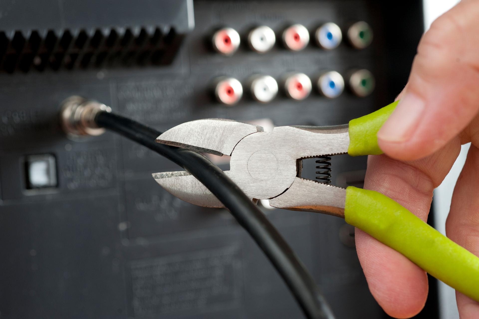 Cut the cable TV cord with hand and wire cutters