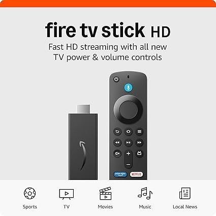 Fire TV Stick HD with remote, featuring streaming icons and text about HD streaming and new controls.